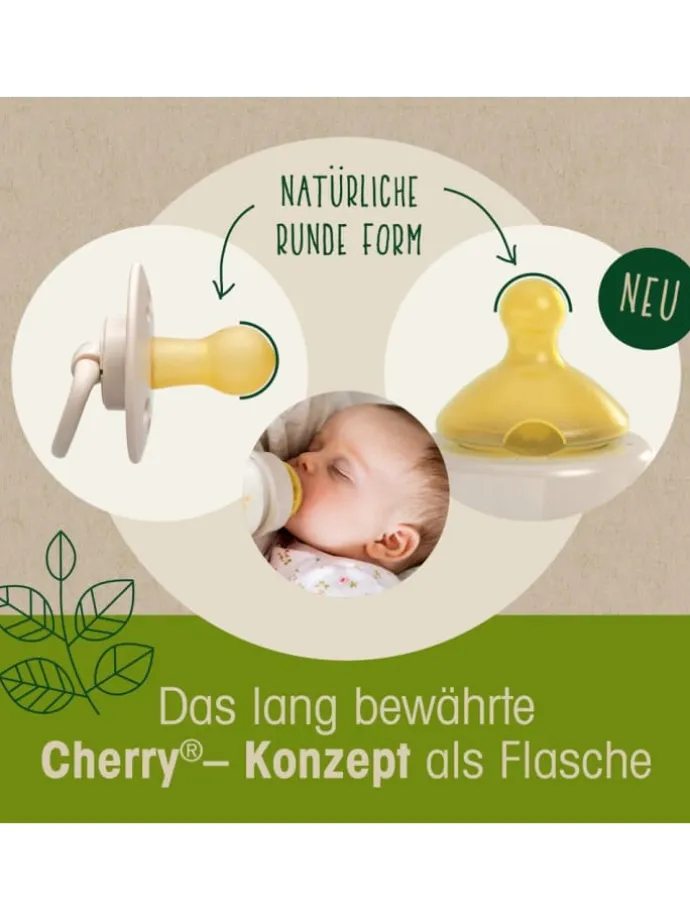 Glas-Flasche Cherry green 120 ml + Latex-Trinksauger in beige,motiv