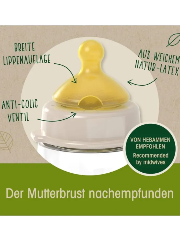 Glas-Flasche Cherry green 120 ml + Latex-Trinksauger in beige,motiv