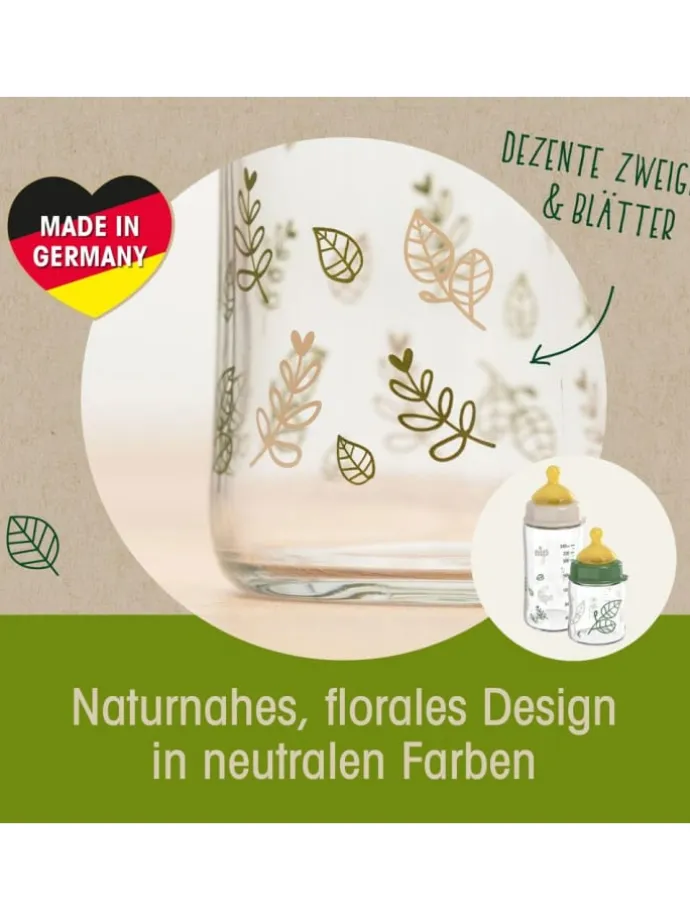 Glas-Flasche Cherry green 120 ml + Latex-Trinksauger in beige,motiv