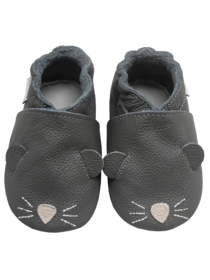 Graue Baby-Leder-Laufschuhe, komfortabel mit rutschfester Sohle - Mäusemuster