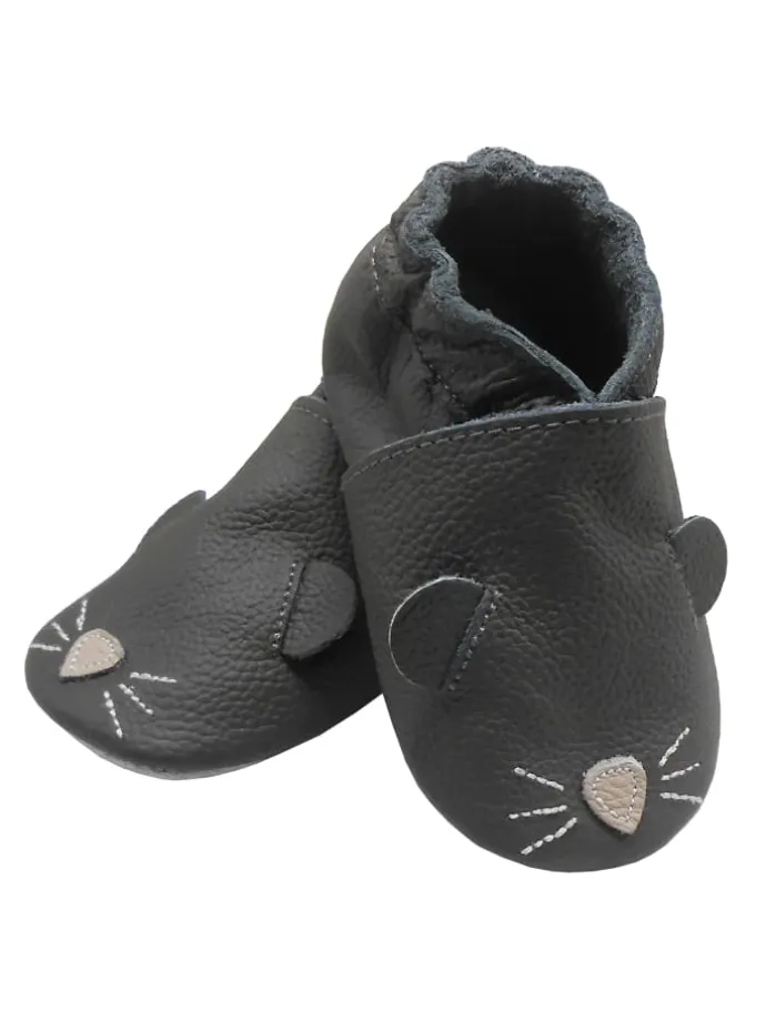 Graue Baby-Leder-Laufschuhe, komfortabel mit rutschfester Sohle - Mäusemuster