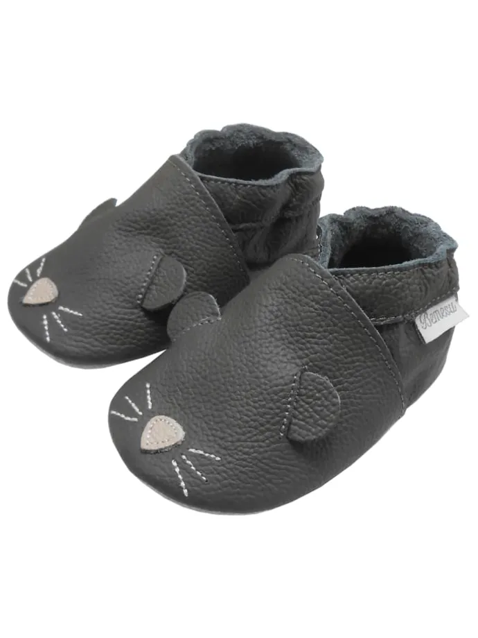 Graue Baby-Leder-Laufschuhe, komfortabel mit rutschfester Sohle - Mäusemuster