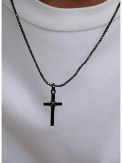 Halskette 925 Sterling Silber Kreuz in Schwarz