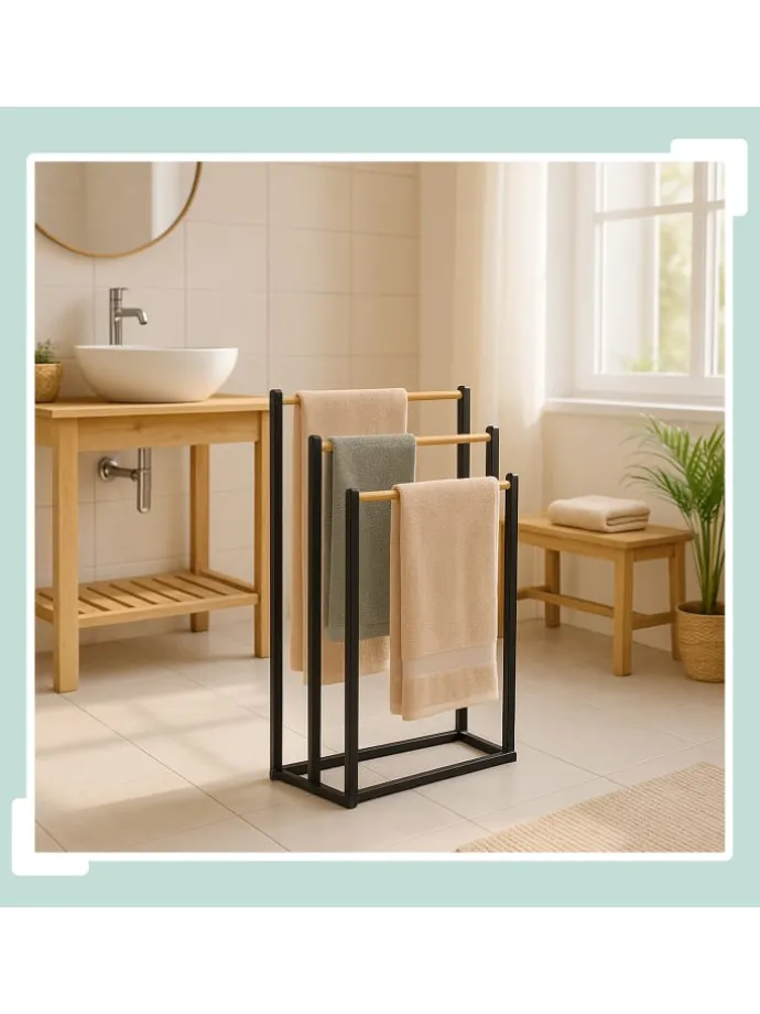 Handtuchständer in Schwarz/ Natur - (B)45 x (H)76 x (T)21,5 cm
