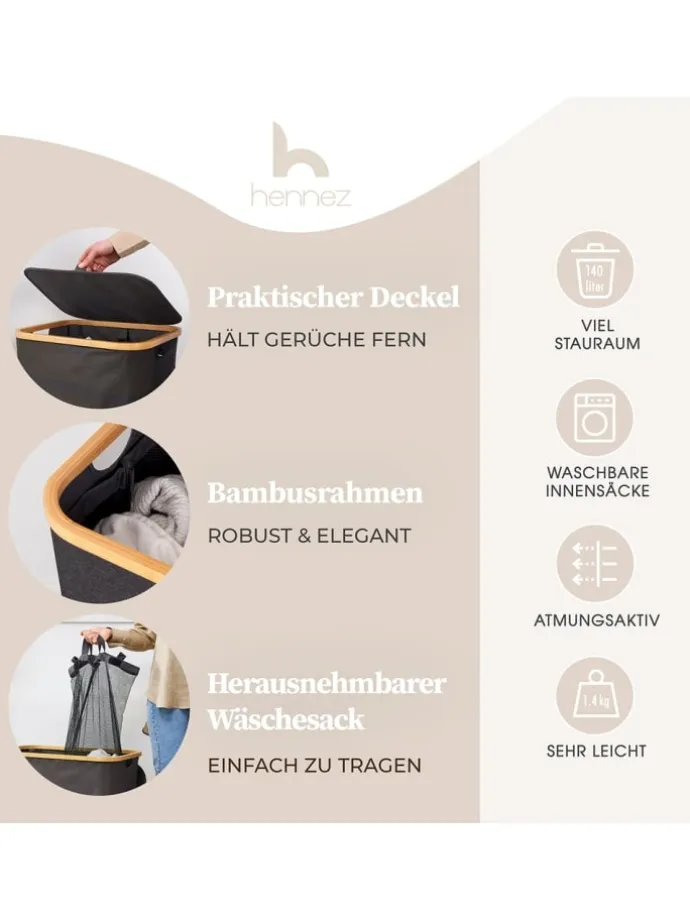 HENNEZ Aufbewahrungskorb "Adrian", 140 l - faltbar - mit Deckel & Bambusrahmen