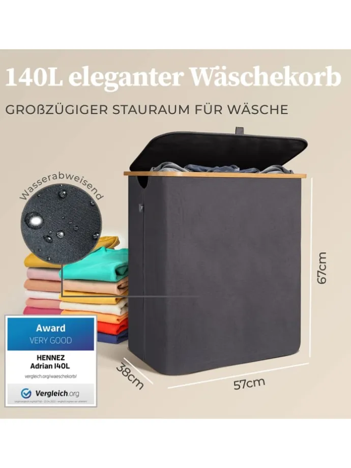 HENNEZ Aufbewahrungskorb "Adrian", 140 l - faltbar - mit Deckel & Bambusrahmen