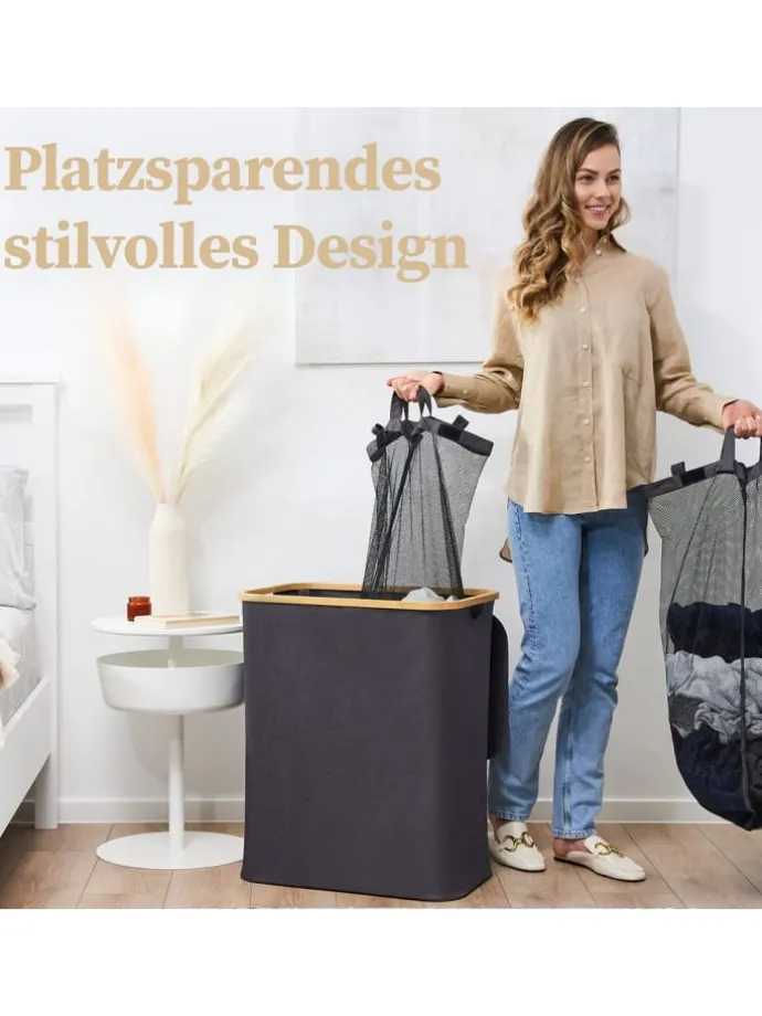 HENNEZ Aufbewahrungskorb "Adrian", 140 l - faltbar - mit Deckel & Bambusrahmen