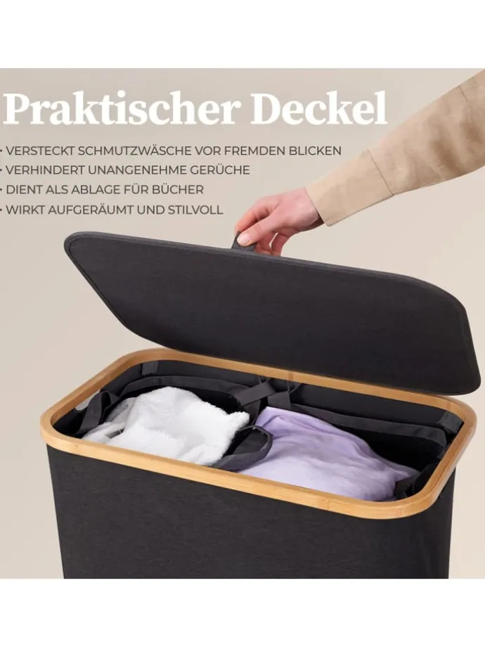 HENNEZ Aufbewahrungskorb "Adrian", 140 l - faltbar - mit Deckel & Bambusrahmen