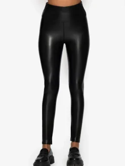 High-Rise Lederleggings mit breitem Bund in Schwarz