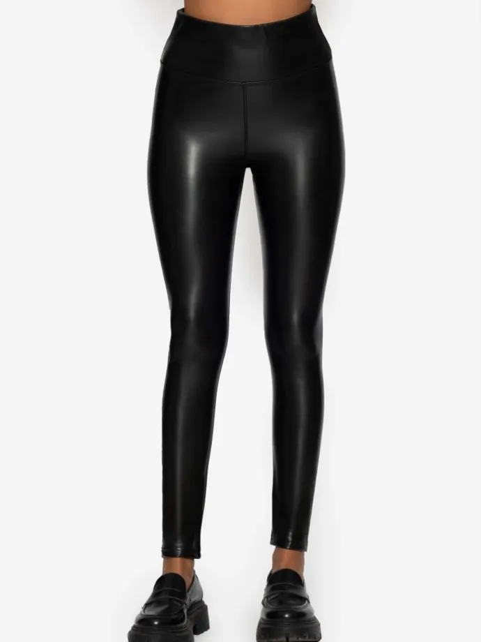 High-Rise Lederleggings mit breitem Bund in Schwarz