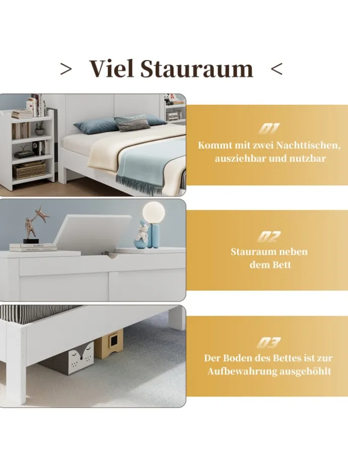 Holzbett Doppelbett mit Lattenrost und Nachttischen 140x200cm in Weiß