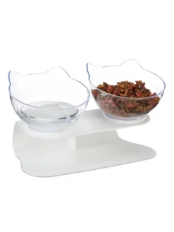 Katzen-Doppelnapf in Weiß/ Transparent -  (B)27,5 x (H)16 x (T)13,5 cm