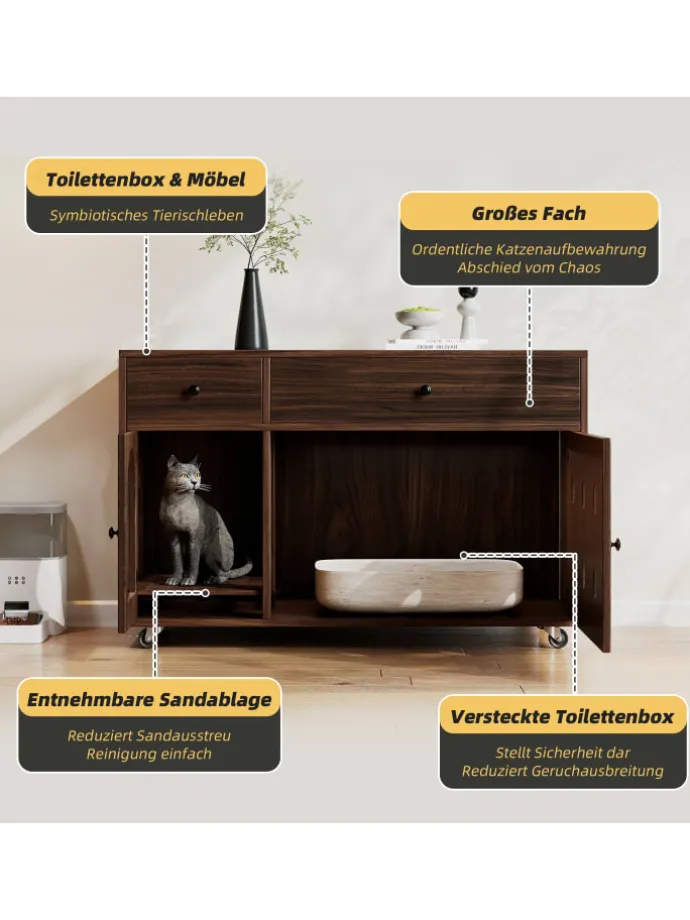 Katzenkloschrank mit abnehmbare Sandablassplatte in Nussbaumfarbe - 100×45×66cm