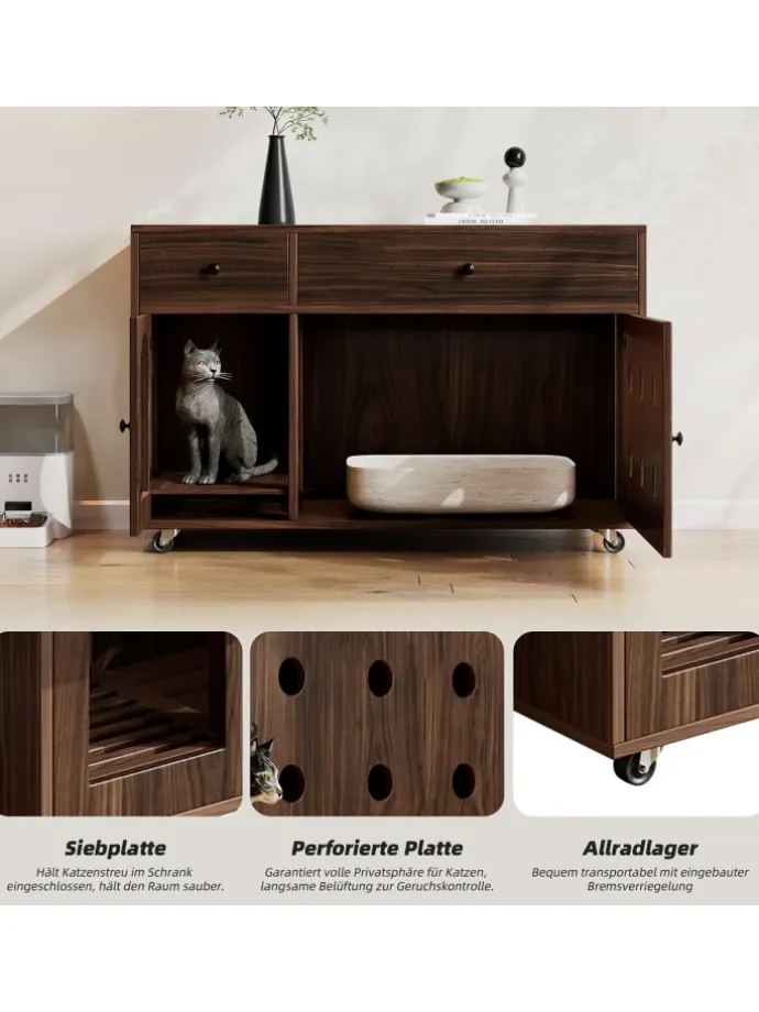 Katzenkloschrank mit abnehmbare Sandablassplatte in Nussbaumfarbe - 100×45×66cm