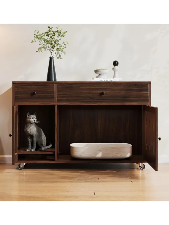 Katzenkloschrank mit abnehmbare Sandablassplatte in Nussbaumfarbe - 100×45×66cm