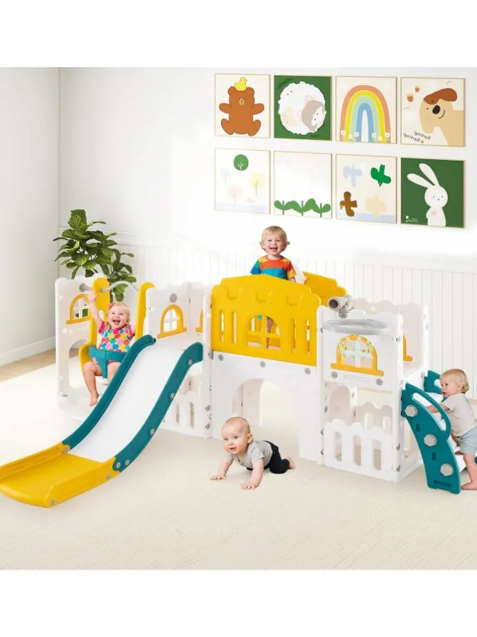 Kinder Rutsche mit Klettergerüst & Schaukel in Gelb