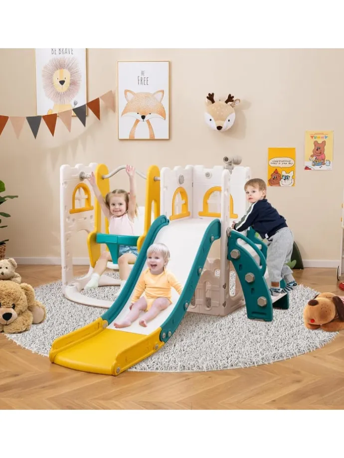 Kinder Rutsche mit Klettergerüst & Schaukel in Gelb