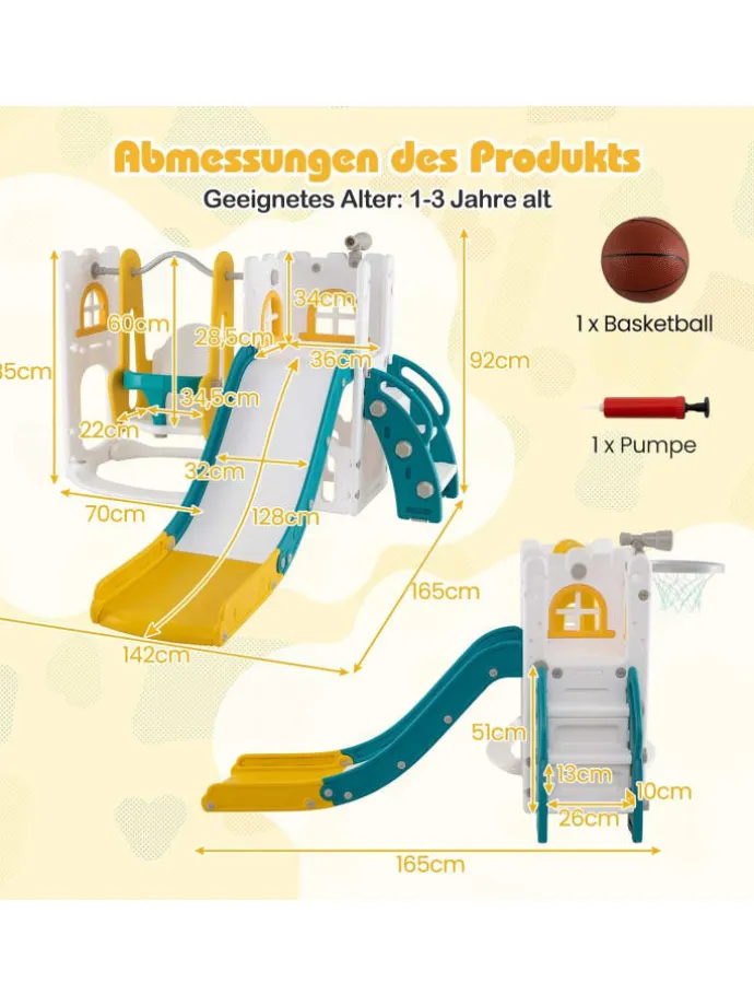 Kinder Rutsche mit Klettergerüst & Schaukel in Gelb
