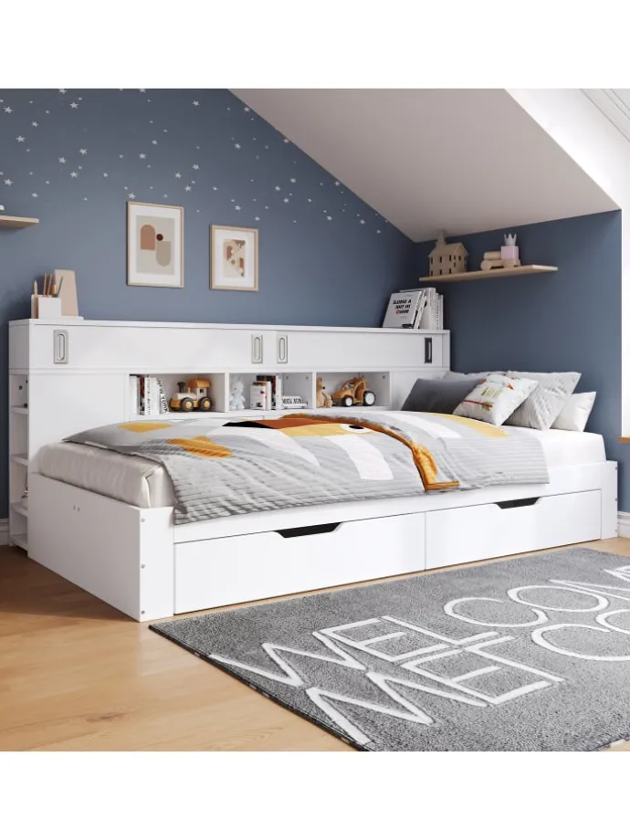 Kinderbett in Weiß mit Schubladen Regal und Bettkasten 90x200 cm ohne Matratze
