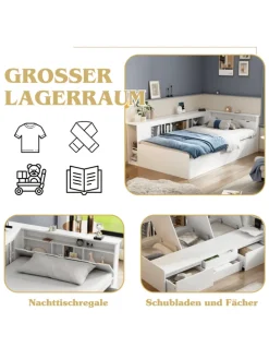 Kinderbett in Weiß 90x200 cm mit Schubladen Regal und Bettkasten ohne Matratze
