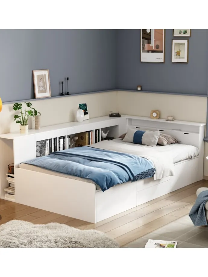 Kinderbett in Weiß 90x200 cm mit Schubladen Regal und Bettkasten ohne Matratze