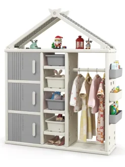 Kinderregal in Hausform mit Kleiderstange in Grau