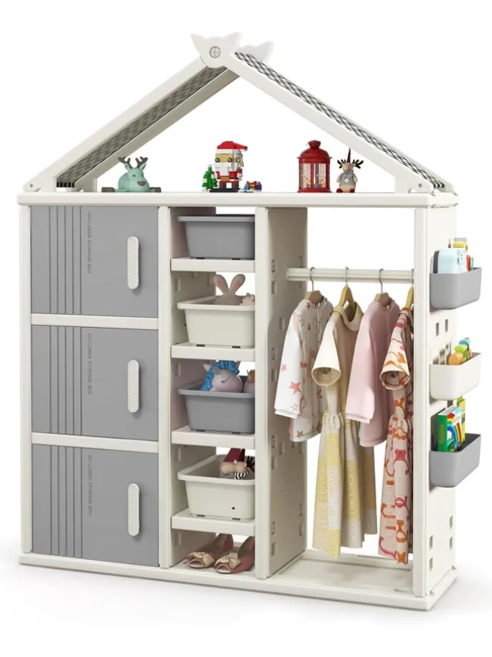 Kinderregal in Hausform mit Kleiderstange in Grau