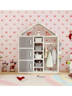 Kinderregal in Hausform mit Kleiderstange in Grau