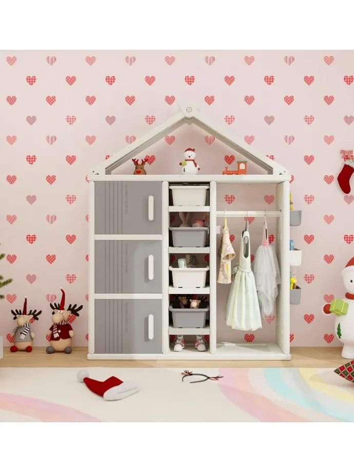 Kinderregal in Hausform mit Kleiderstange in Grau