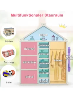 Kinderregal in Hausform mit Kleiderstange in Grau