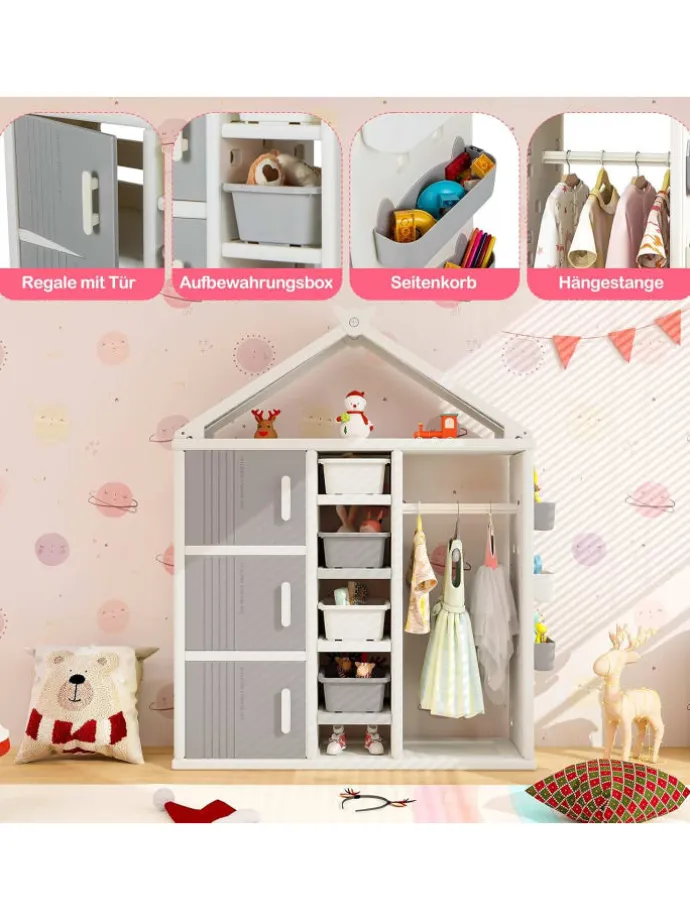 Kinderregal in Hausform mit Kleiderstange in Grau