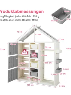 Kinderregal in Hausform mit Kleiderstange in Grau