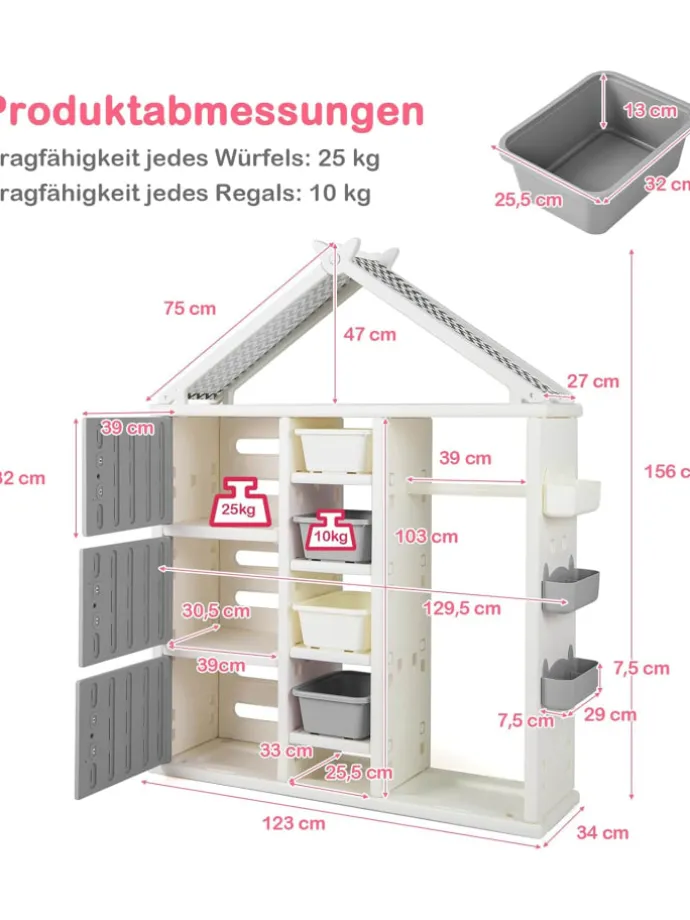 Kinderregal in Hausform mit Kleiderstange in Grau
