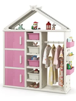 Kinderregal in Hausform mit Kleiderstange in Rosa