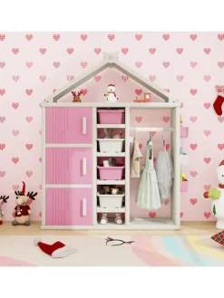 Kinderregal in Hausform mit Kleiderstange in Rosa