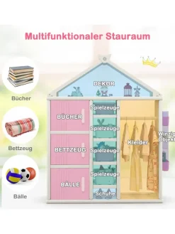 Kinderregal in Hausform mit Kleiderstange in Rosa