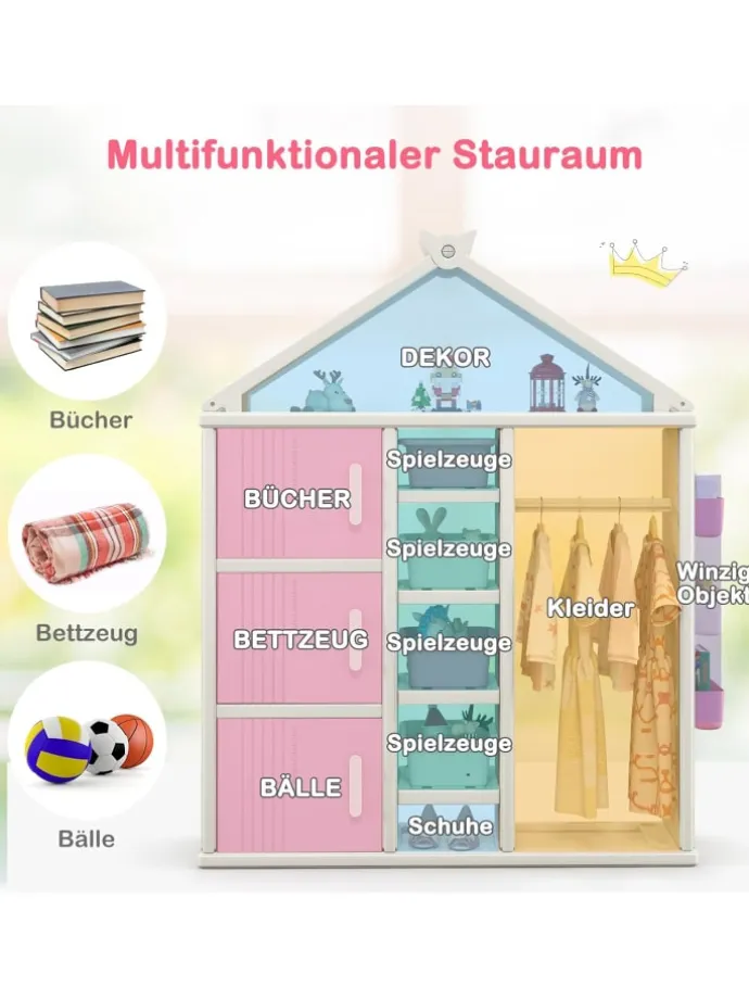 Kinderregal in Hausform mit Kleiderstange in Rosa