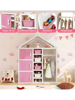 Kinderregal in Hausform mit Kleiderstange in Rosa