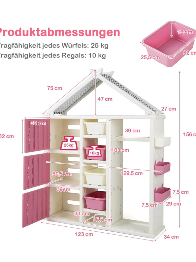 Kinderregal in Hausform mit Kleiderstange in Rosa