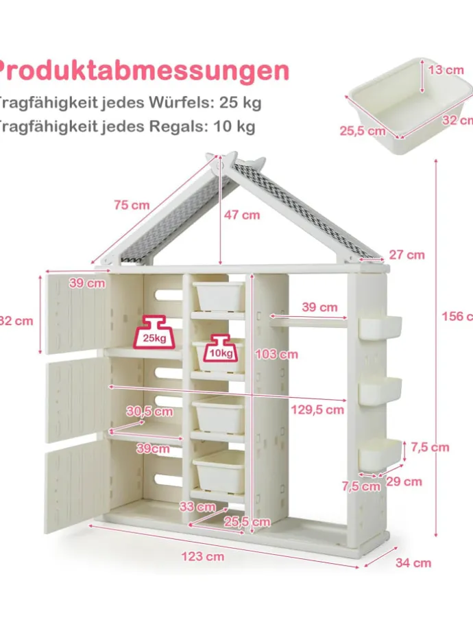 Kinderregal in Hausform mit Kleiderstange in Weiß