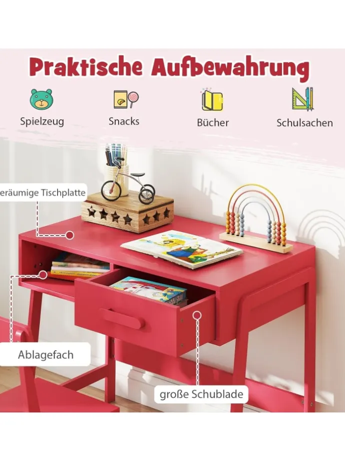 Kinderschreibtisch Set mit Stuhl aus Holz ab 3 Jahren in Rosa