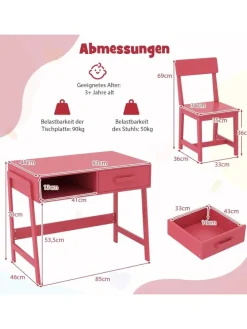 Kinderschreibtisch Set mit Stuhl aus Holz ab 3 Jahren in Rosa