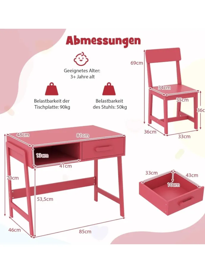 Kinderschreibtisch Set mit Stuhl aus Holz ab 3 Jahren in Rosa