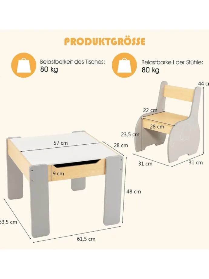 Kindertisch mit 2 Stühlen in Beige