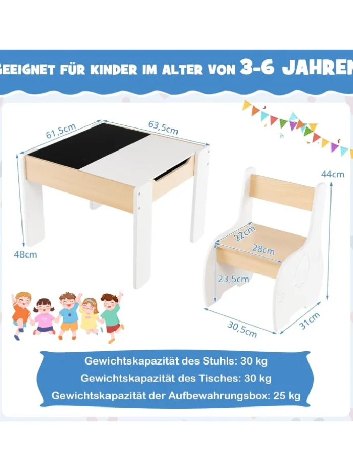 Kindertisch mit 2 Stühlen in Weiß