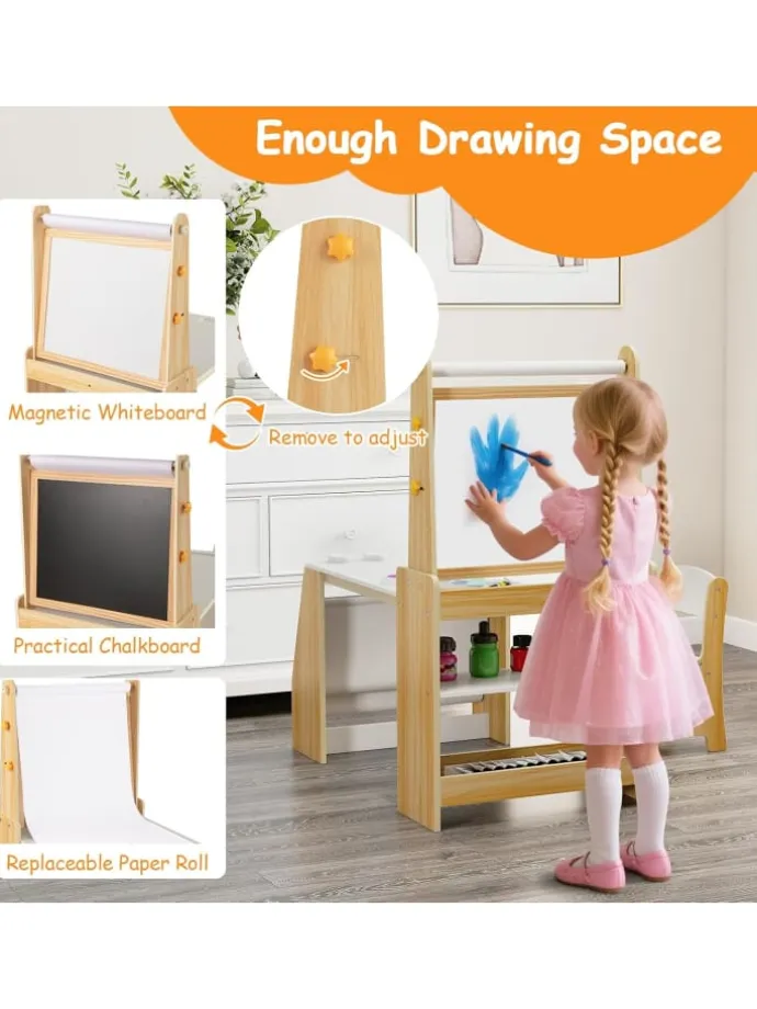 Kindertisch mit Stuhl & Staffelei in Hellbraun