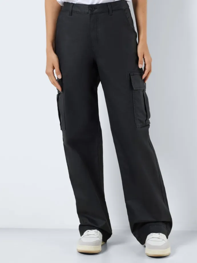 Kunstleder Cargo Hose Wide Leg Bootcut Pants PU Coated NMYOLANDA in Schwarz-2