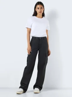 Kunstleder Cargo Hose Wide Leg Bootcut Pants PU Coated NMYOLANDA in Schwarz-2