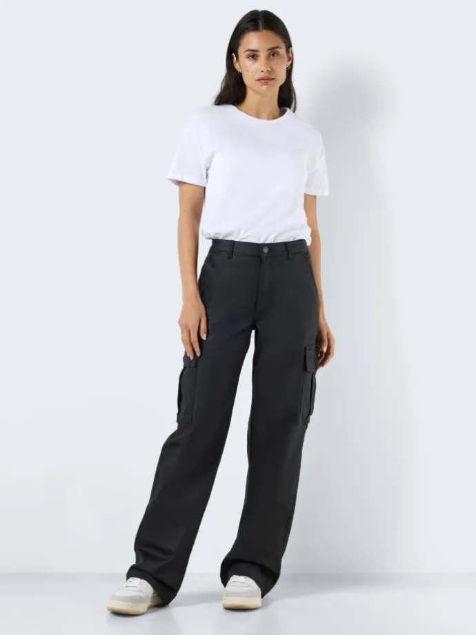 Kunstleder Cargo Hose Wide Leg Bootcut Pants PU Coated NMYOLANDA in Schwarz-2