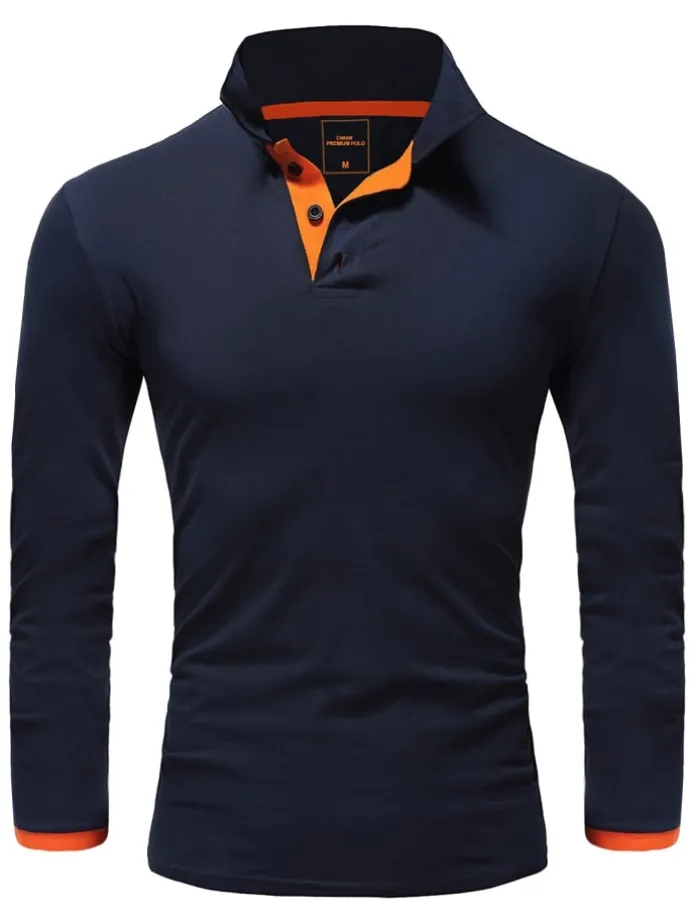 Langarm Kontrast Poloshirt CHARLOTTE in Navyblau/Orange